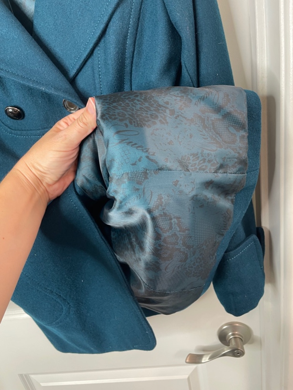 Guess Teal Double-Breasted Wool-Blend Peacoat - Picture 5 of 9